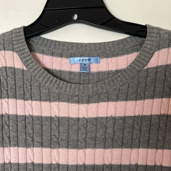 💗 Izod Women’s Gray & Pink Striped Cable Knit Sweater | Size M 💗 - Picture 4 of 10